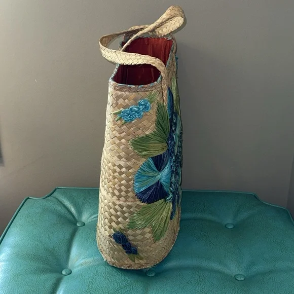Vintage oversized large gorgeous turquoise blue flower raffia basket beachy bag - Picture 9 of 14